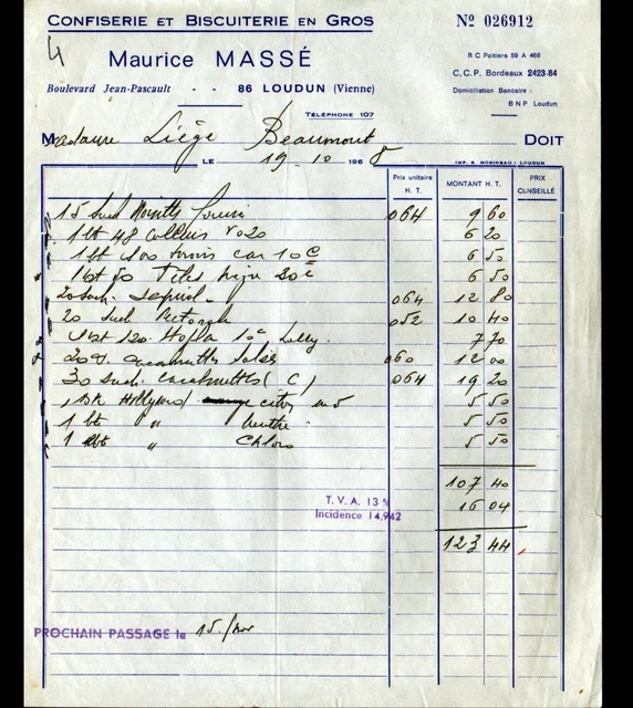LOUDUN (65) CONFISERIE BISCUITERIE "Maurice MASSE" Facture en 1968