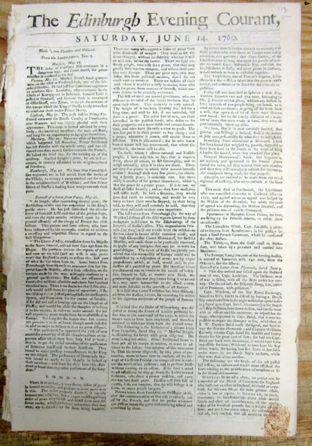 1760 Edinburgh SCOTLAND French & Indian War newspaper w RED HALF PENNY TAX STAMP 2