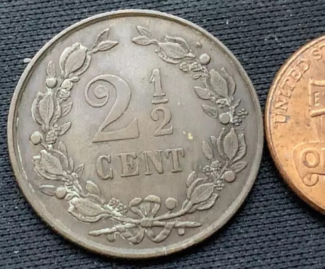 1880 Netherlands 2 1/2 Cents Coin XF ( 4 million Minted )   #L80