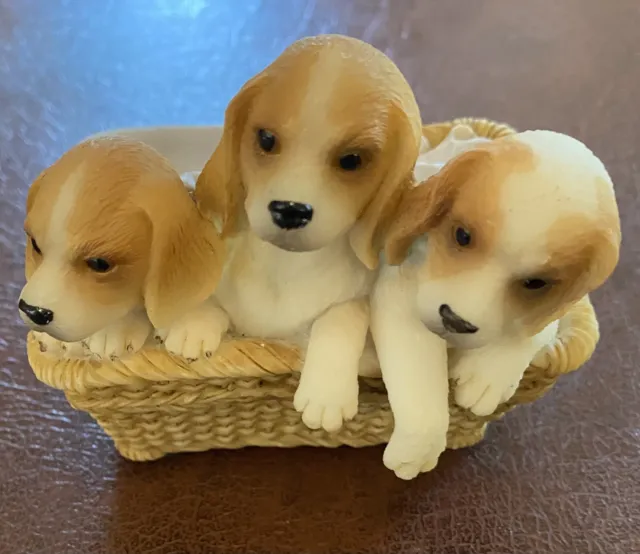 beagle puppies in a basket figurine resin