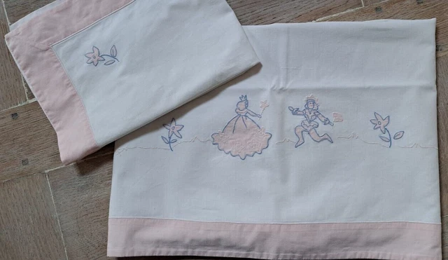 Parure Drap Taie Oreiller Berceau Lit Bebe Vintage 1950 Prince Princesse
