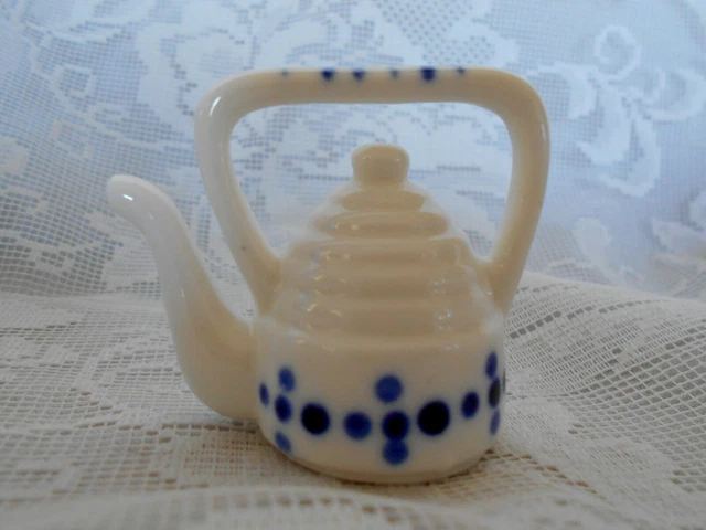 Collectible Vintage Miniature Hand Painted Cobalt Blue & White Ceramic Teapot