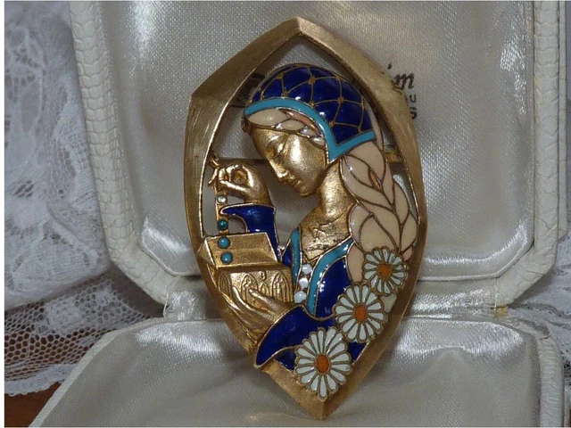 Belle Broche Ancienne Française En Bronze Doré Et émail Turquoise - Année 1900