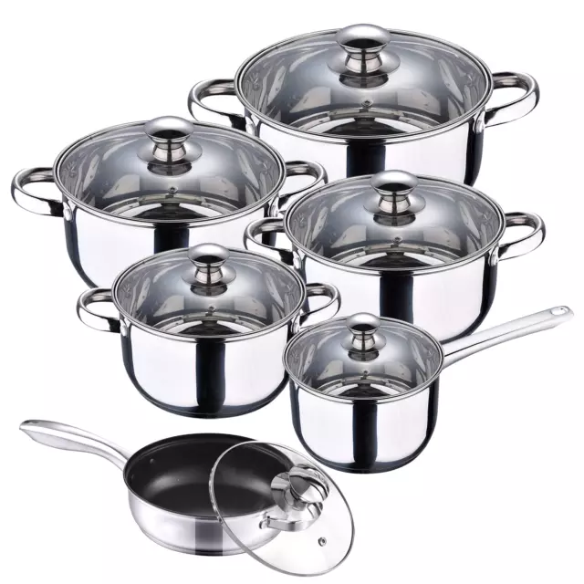 12Pc Stainless Steel Casserole Saucepan Stock Pot Set Kitchen Induction Cookware