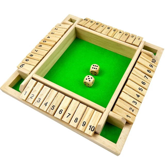 Jeu Shut The Box En Bois - 2 à 4 Joueurs - Jeu De Dés Et Maths - Puzzle Familial - Taille 22x22x1.5cm - Avec 8 Dés