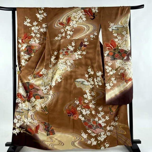 Japanese kimono SILK"FURISODE" long sleeves, Gold, Hand fans,BF , L5' 5"..3147