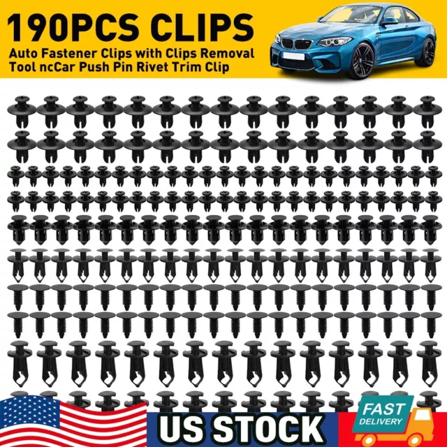 190pc Car Clips for Hole Plastic Rivets Retainer Fender Push Pin Fastener Bumper
