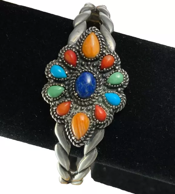 Carolyn Pollack Cuff Bracelet Sterling Silver Southwestern Style Multi-stone 3”