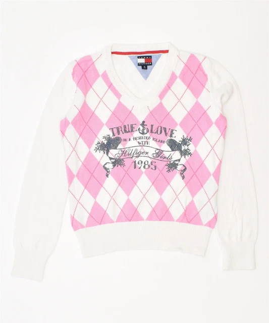 TOMMY HILFIGER Maglione Maglione Grafico Collo a V per Ragazze 7-8 Anni XS Bianco FK15