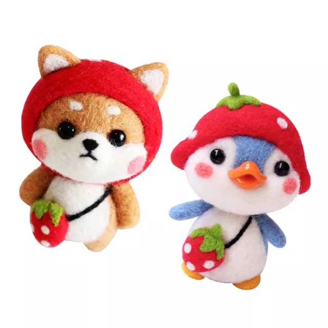 2 Sets Needle Felting Kit Roving Wool DIY Craft Cartoon Penguin & Shiba Inu