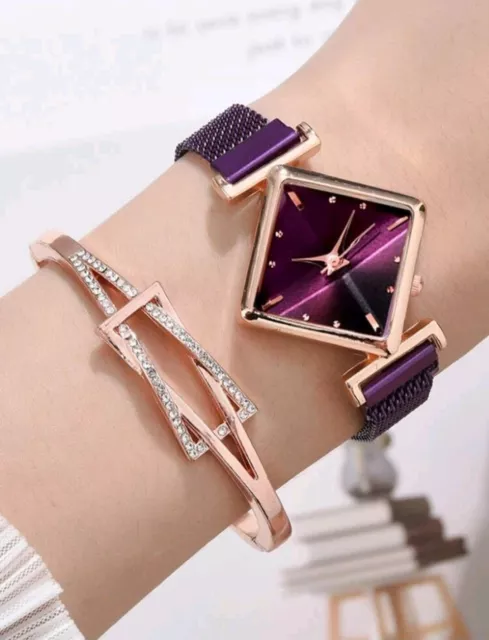 Armbanduhr Armkette Uhren Damen Mädchen Lila Quadrat Quarz Modeschmuck Geschenk