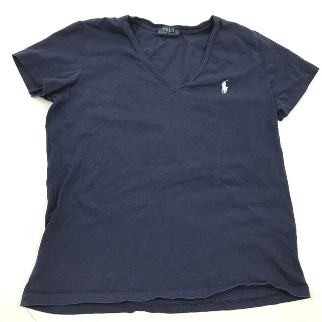 Ralph Lauren Camicia Ragazzi Taglia Large L Blu Corto Manica V-Neck Bianco Pony
