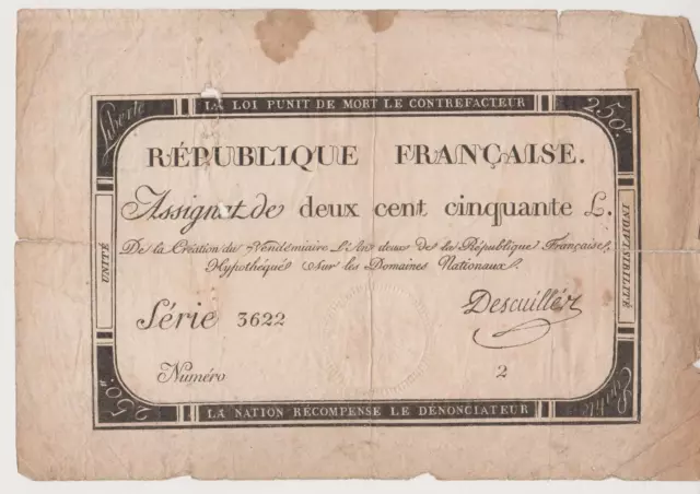 Assignats billets du trésor  250 livres à  marges intéressantes