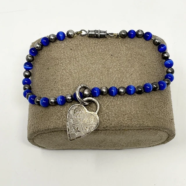 Vintage Sterling Silver  Fun Tennis Racket Bracelet Blue Bead Charm Heart