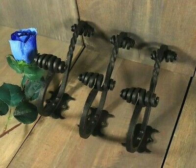 3 Antique French Wall Coat Hat Hooks Black Wrought Iron Hand Made Salvaged Set