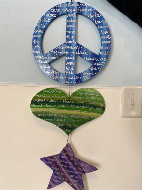 Hand Crafted Wall Decor Peace Sign, Heart, Star Multicolored