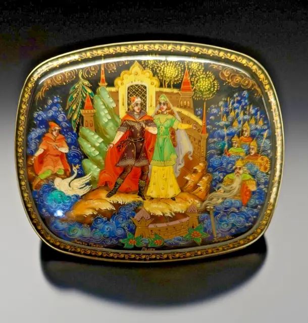 Traditional Russian Palekh Folk Art The Tale of Tsar Saltan  Signed Lacquer Box#