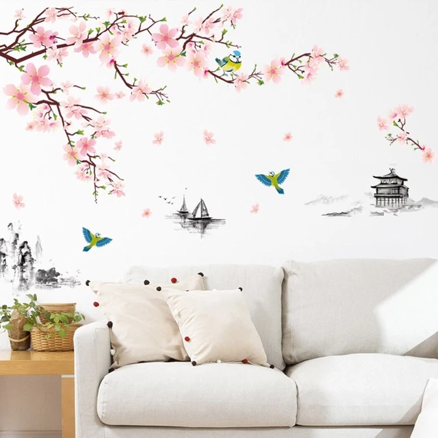 Autocollant Mural Grand Format Style Chinois Feng Shui - Arbre, Fleurs, Grue, Montagne - Pour Salon, Chambre, Décoration Murale