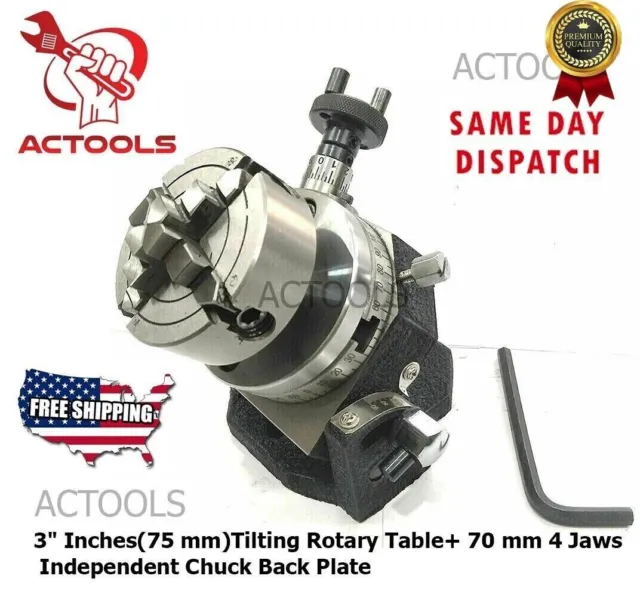3" 75 mm Tilting Rotary Table with 70 mm 4 Jaws Independent Chuck Back Plate