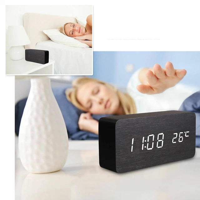 Sveglia Digitale In Legno Con Termometro E Luce Notturna LED - Orologio Da Comodino Silenzioso Con Ricarica USB, Bianco Bamboo - copertina
