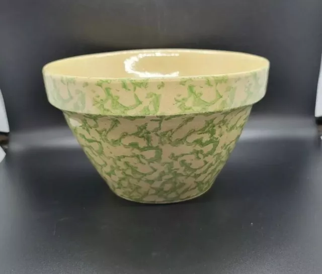 Vintage Roseville Ohio Pottery Green Spongeware Bowl * R.R.P. Co * 8" Excellent