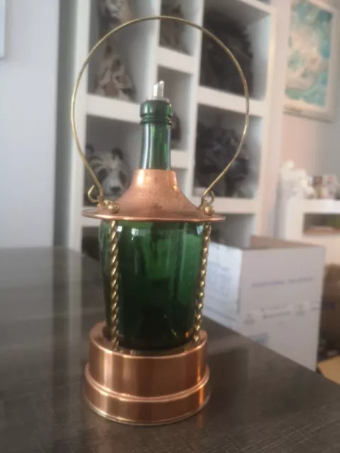 Vintage **Musical** Brass Copper Green Glass Decanter German Made W/ Cork Reuge