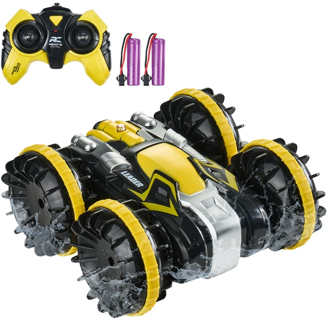 BORSTOYPRO Auto anfibia telecomandata, 1:16 Giocattoli di camion mostro impermeabili RC con zaino, veicolo per acrobazie fuoristrada con rotazione a 360° con luce LED per bambini