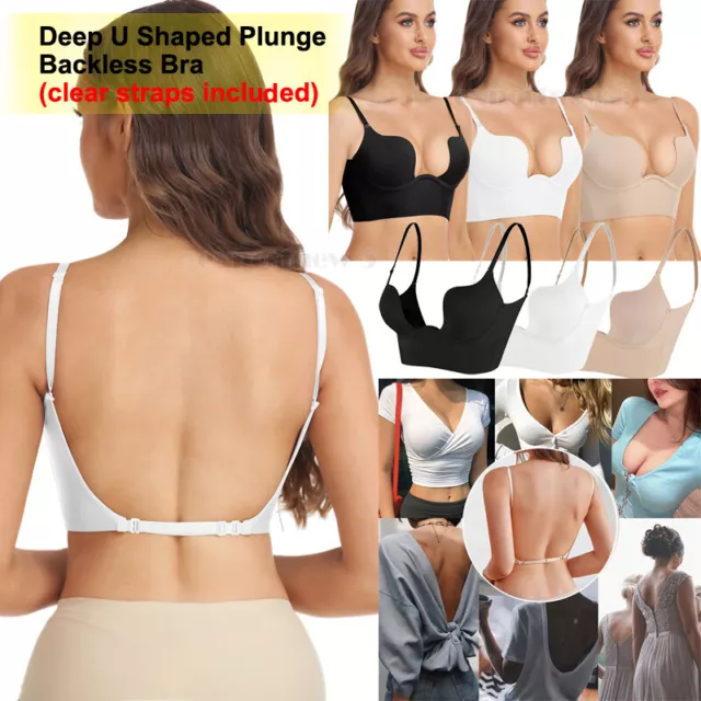 Women Low Back Bra Wire Lifting Deep U Shaped Plunge Backless Bras Clear  Straps