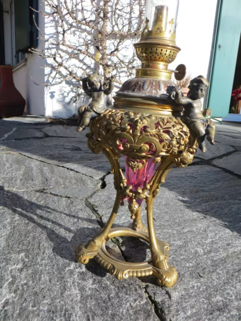 antike Öllampe Bronze Glas Metall Puttos Historismus um 1890 wunderschön !