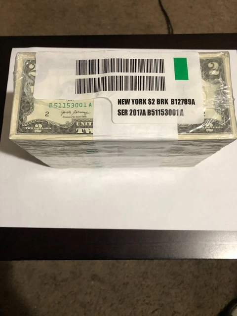 Lot Of 1000 Uncirculted 2017A New York $2 Bills 1 Full Brick See Photo