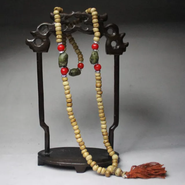 21"Antique Tibetan Bone Turquoise Amulet Bead Beads Prayer Necklace