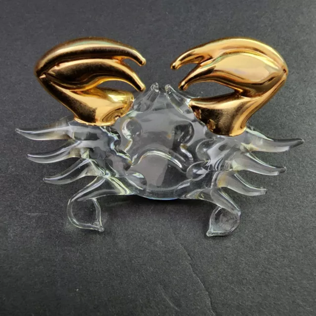 Miniature Hand Blown Glass Crab Figurine Papper Weight With Gold Tone Claws