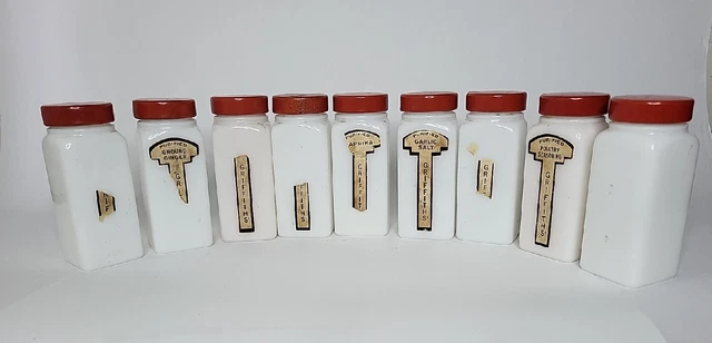 Vintage Griffith's Milk Glass Spice Jars, Red Metal Tops, Set of 9 Vintage Griffith's Milk Glass Spice Jars, Red Metal Tops, Set of 9
