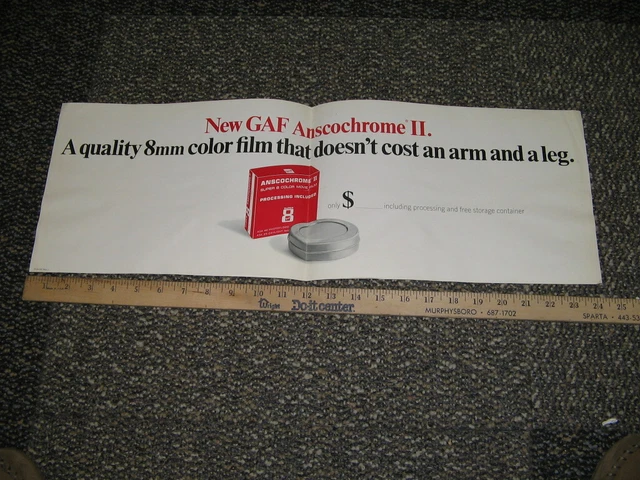 KODAK camera store display sign 1960s GAF Ansochrome 8mm movie film poster