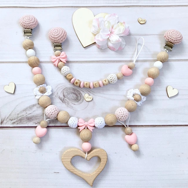 Chaîne de Tétine Poussette Nuckelkette avec Noms Rose Blanc Bois Silicone