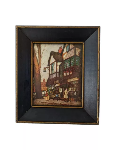 Black Framed 7" X 6" Foil Art by ERNEST UDEN Old Fashioned Library Street Scene