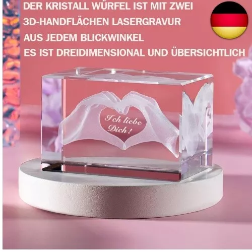 3D Glas Kristall - Gravur Herz aus Zwei Händen und Text Ich Liebe Dich! 3