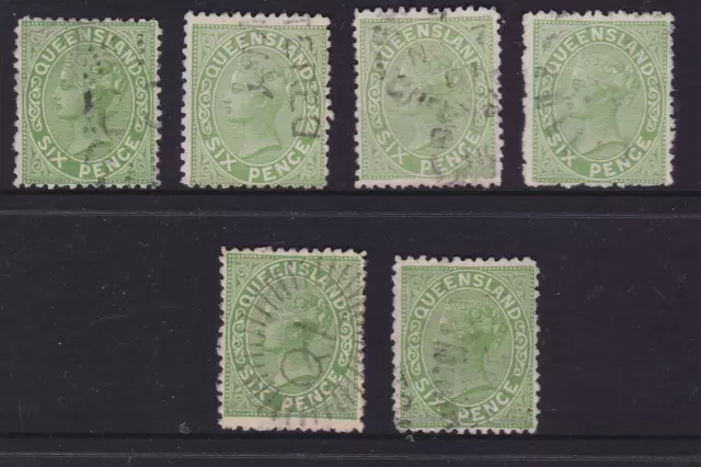 QUEENSLAND 1882 6d Green QV SECOND SIDEFACE X6 FINE USED (KB118)