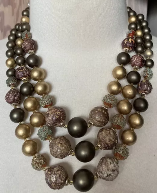 Vintage JAPAN Necklace 18” Beads 3 Strand Metallic Faux Pearls Sugar Coated EUC