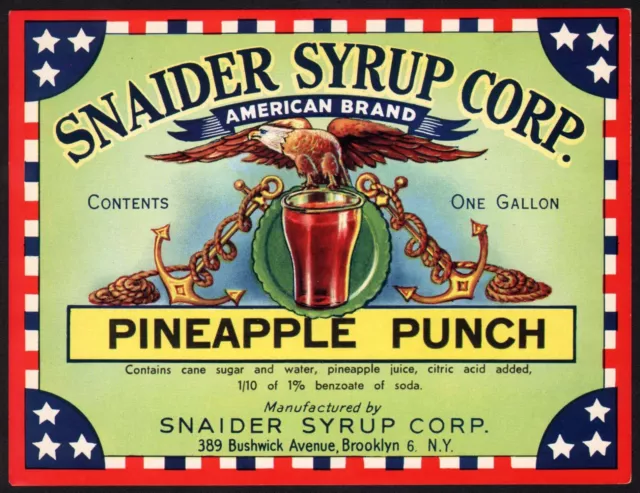 Vintage soda pop bottle label SNAIDER SYRUP PINEAPPLE PUNCH eagle Brooklyn NY