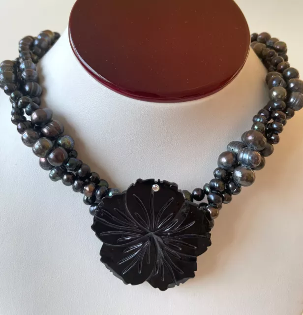 Triple Stranded Real Black Pearl Necklace