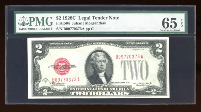 DBR 1928-C $2 Legal Gem Fr. 1504 BA Block PMG 65 EPQ Serial B09770373A