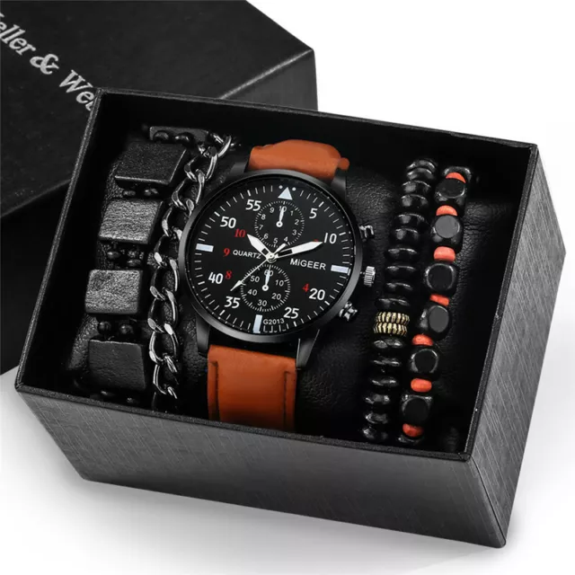Special Gift Set to Men Luminous Hands Quartz Wrist Watch with 4pcs/set Bracelet