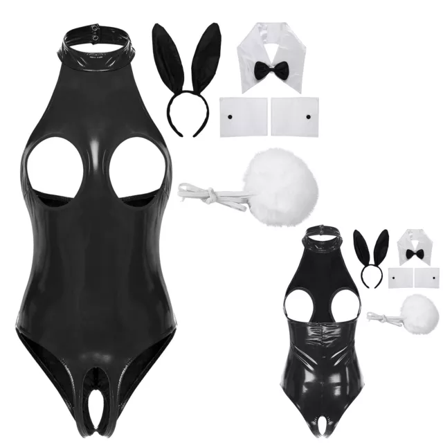 UK Women Leather Sexy Bunny Girls Cosplay Costume Bodysuit Sets Party Clubwear