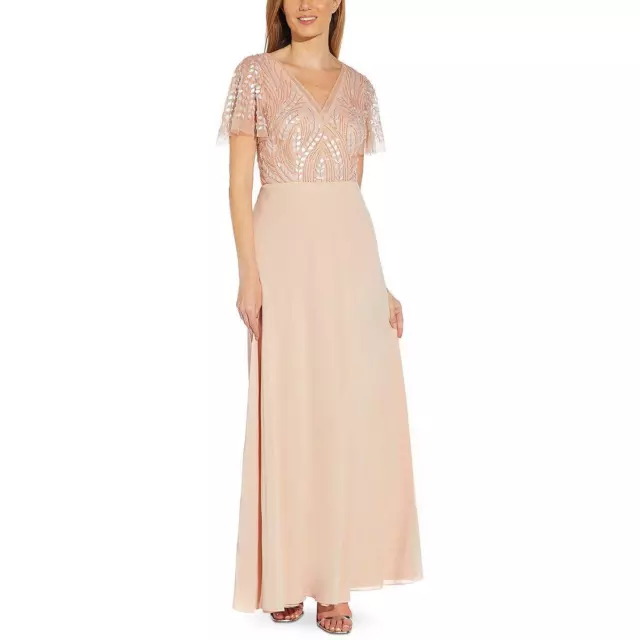 Adrianna Papell Womens Pink Chiffon Embellished Evening Dress Gown 4 BHFO 0128