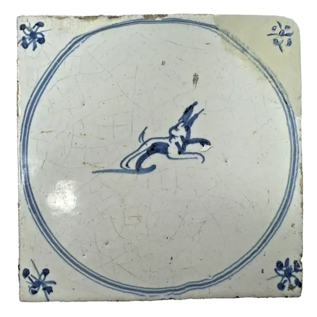 Rare Early 18th. c. Hand-Painted Delft Blue Faience Tile w/Leaping Hare