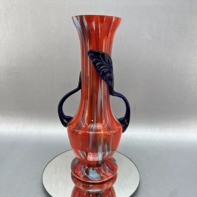 Czech Tango Spatter Art Glass 9” Vase Handblown Orange Blue End Of Day Kralik