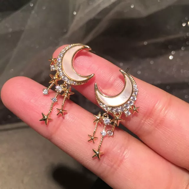 Fashion Crystal Moon Star Tassel Earrings Ear Stud Dangle Women Wedding Hot Gift