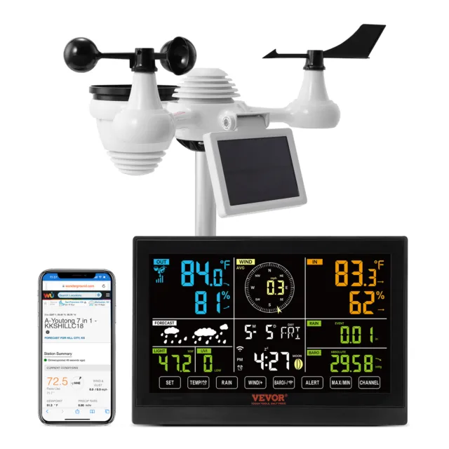 VEVOR 7-in-1 Wi-Fi Weather Station 7.5 in Color Display Wireless Outdoor Sensor