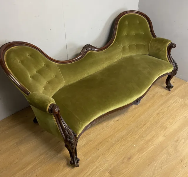 C19th Carved Mahogany Framed Sofa In Green Velvet